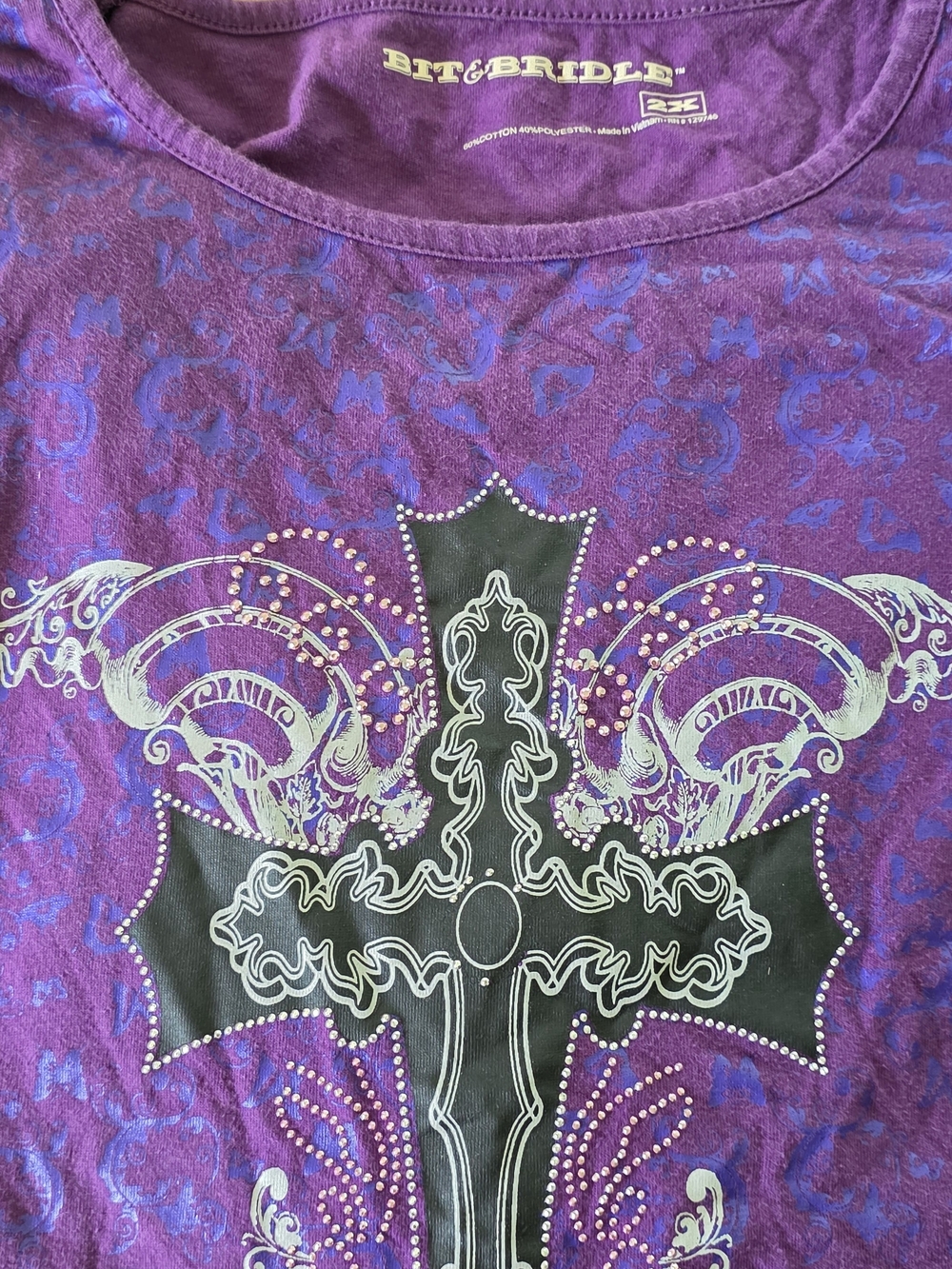 Bit & Bridle Purple Long Sleeve Tee with Black Cross and Rhinestone Accents